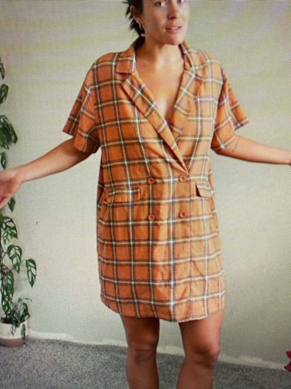 Orange Plaid Double-Breasted Blazer Dress